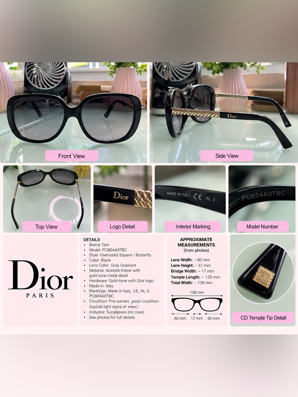 Dior Black Oversized Butterfly Sunglasses with Gold Chain Temples
